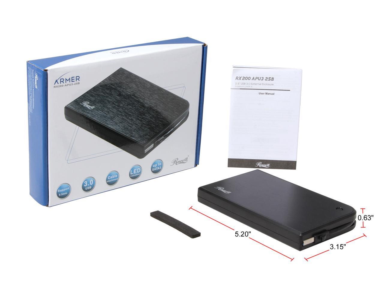 Rosewill Armer RX200-APU3-25B Enclosure 2.5" HDD SATA3 USB2 USB3 Screwless 